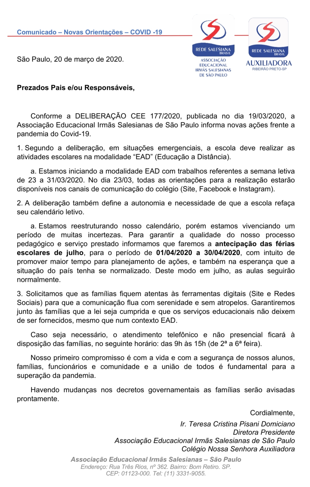 Comunicado aos pais