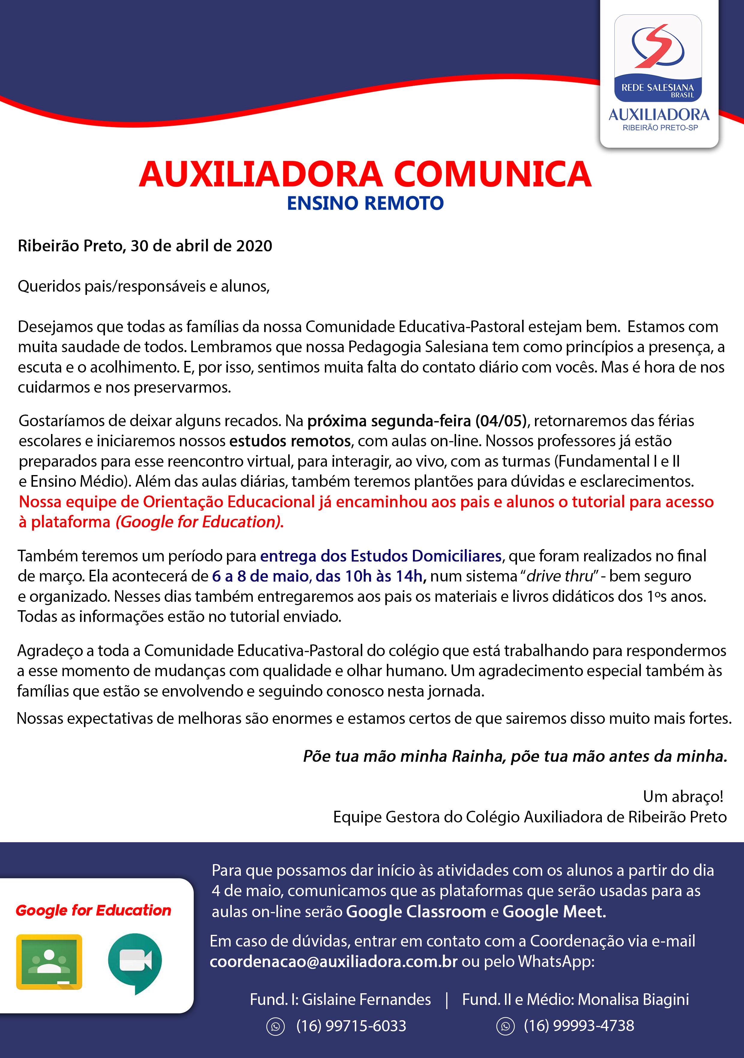 COMUNICADO IMPORTANTE - Volta às aulas